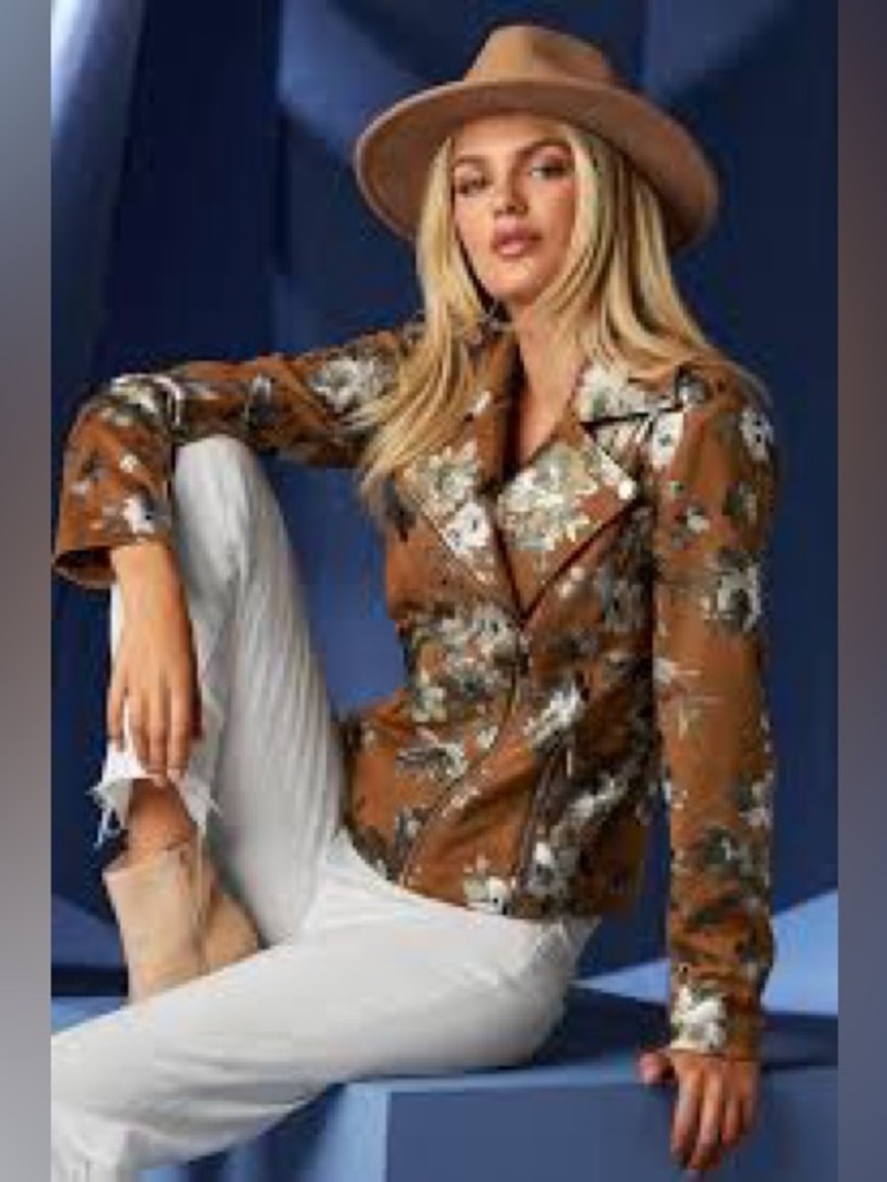 NWT Foil Print Floral Faux Suede Moto Jacket Cognac Multi